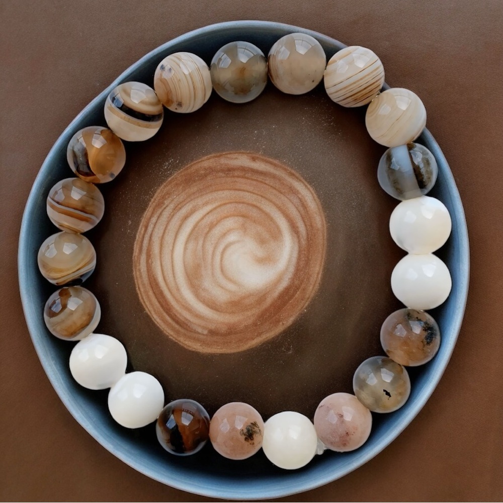 “Mocha” Unisex Beaded Bracelet (Brown, White, Cream) 10mm Beads